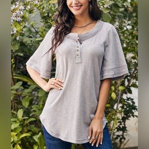 Suzanne Betro Weekend Gray Lace-Trim Cape-Sleeve Henley